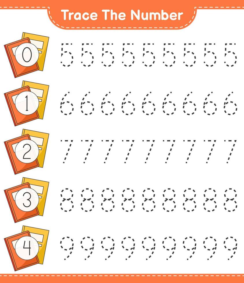 Trace the number. Tracing number with Book. Educational children game, printable worksheet, vector illustration