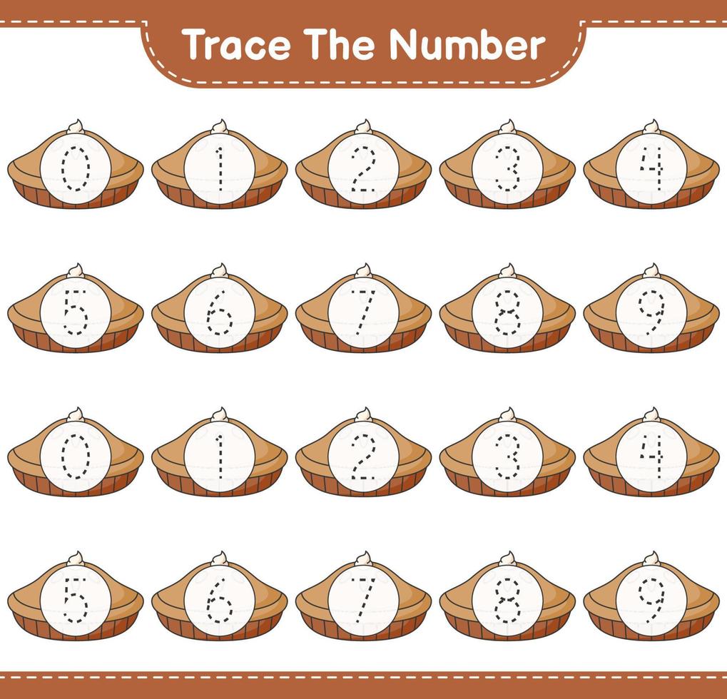 Trace the number. Tracing number with Pie. Educational children game, printable worksheet, vector illustration