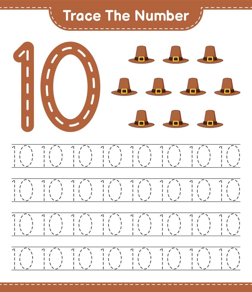 Trace the number. Tracing number with Hat. Educational children game, printable worksheet, vector illustration