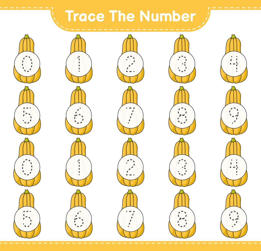 Trace the number. Tracing number with Butternut Squash. Educational children game, printable worksheet, vector illustration