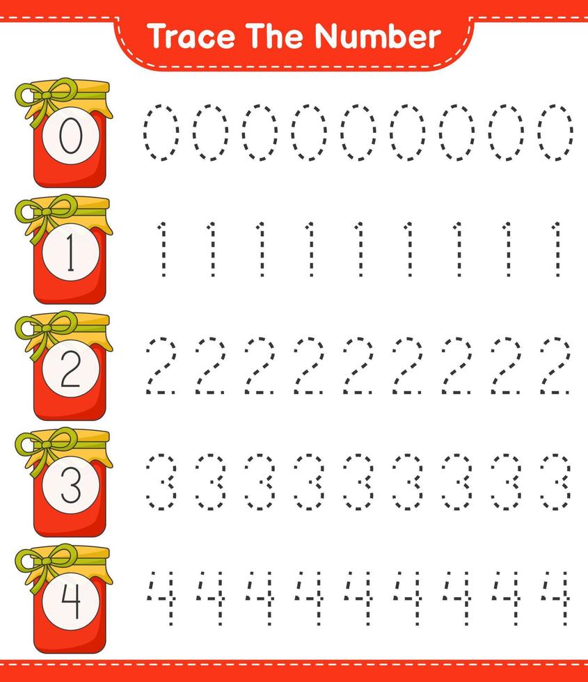 Trace the number. Tracing number with Jam. Educational children game, printable worksheet, vector illustration