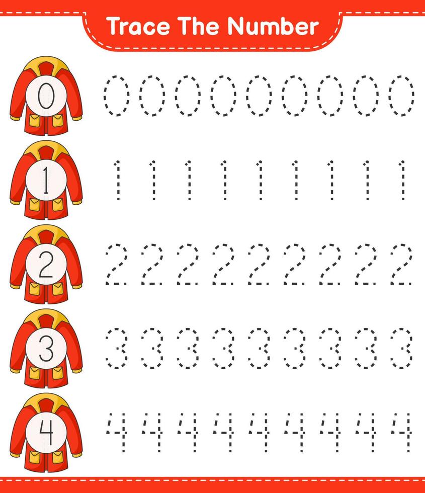 Trace the number. Tracing number with Warm Clothes. Educational children game, printable worksheet, vector illustration