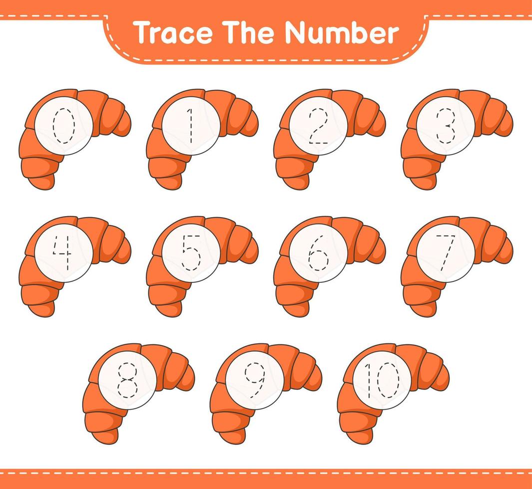 Trace the number. Tracing number with Croissant. Educational children game, printable worksheet, vector illustration