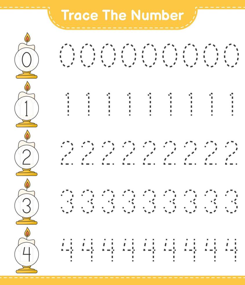 Trace the number. Tracing number with Candle. Educational children game, printable worksheet, vector illustration