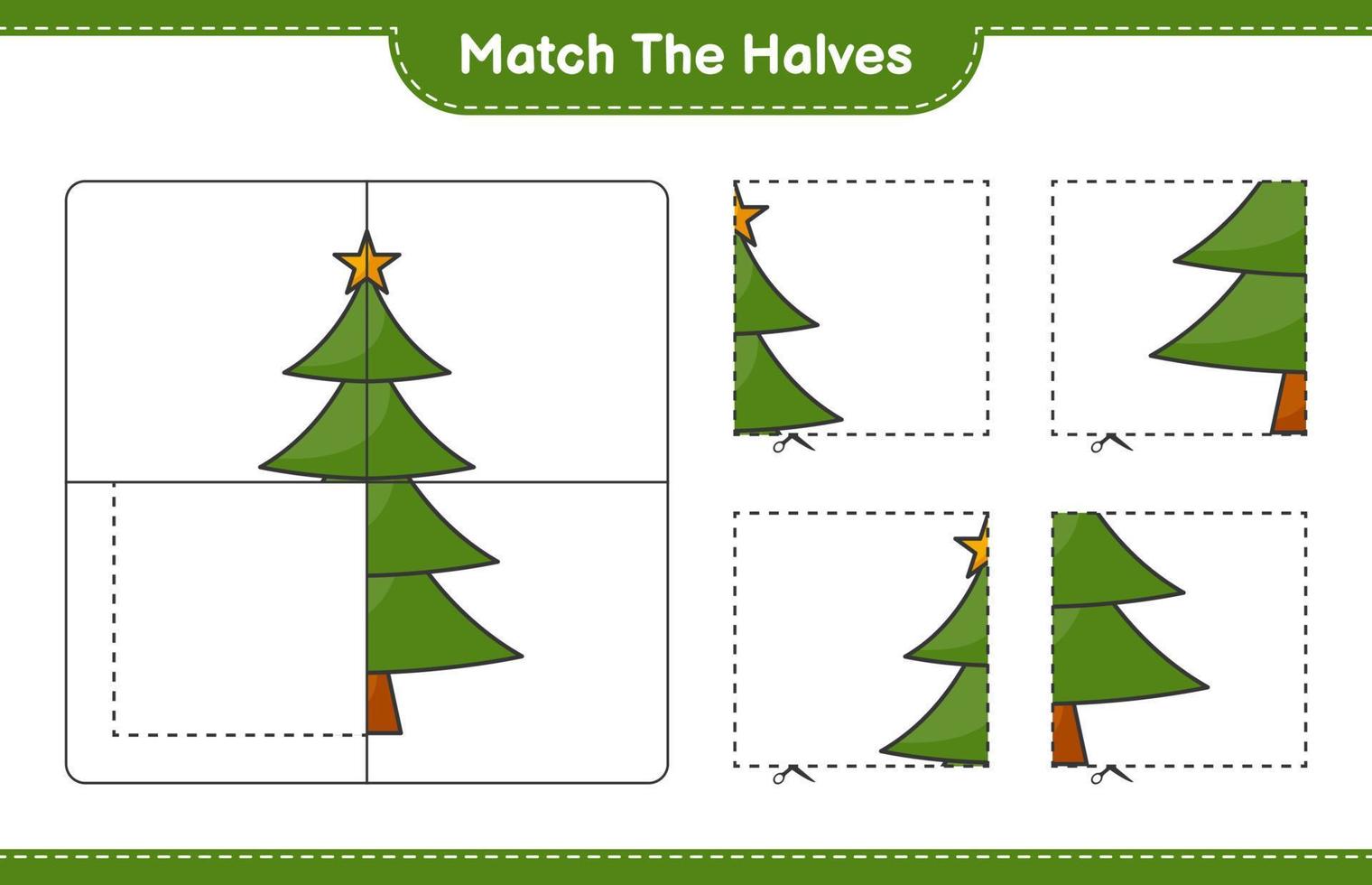 Match the halves. Match halves of Christmas Tree. Educational children game, printable worksheet, vector illustration