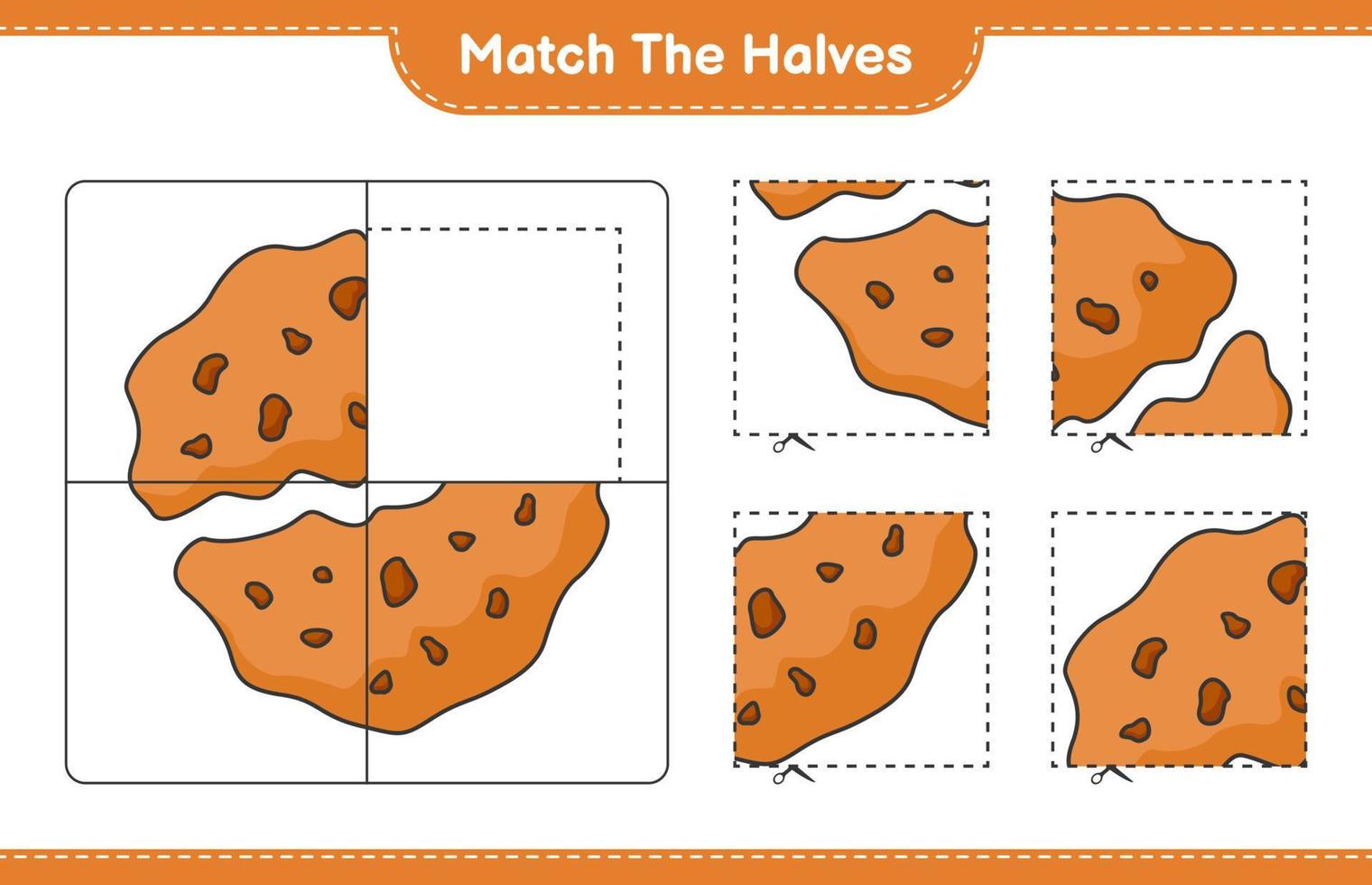 Empareja las mitades. emparejar las mitades de la galleta. juego educativo para niños, hoja de cálculo imprimible, ilustración vectorial vector