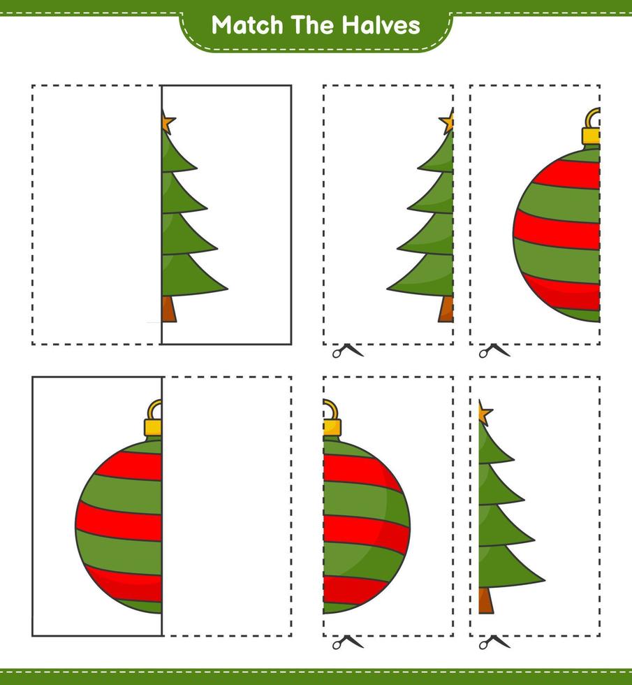 Empareja las mitades. combina las mitades del árbol de navidad y la bola de navidad. juego educativo para niños, hoja de cálculo imprimible, ilustración vectorial vector