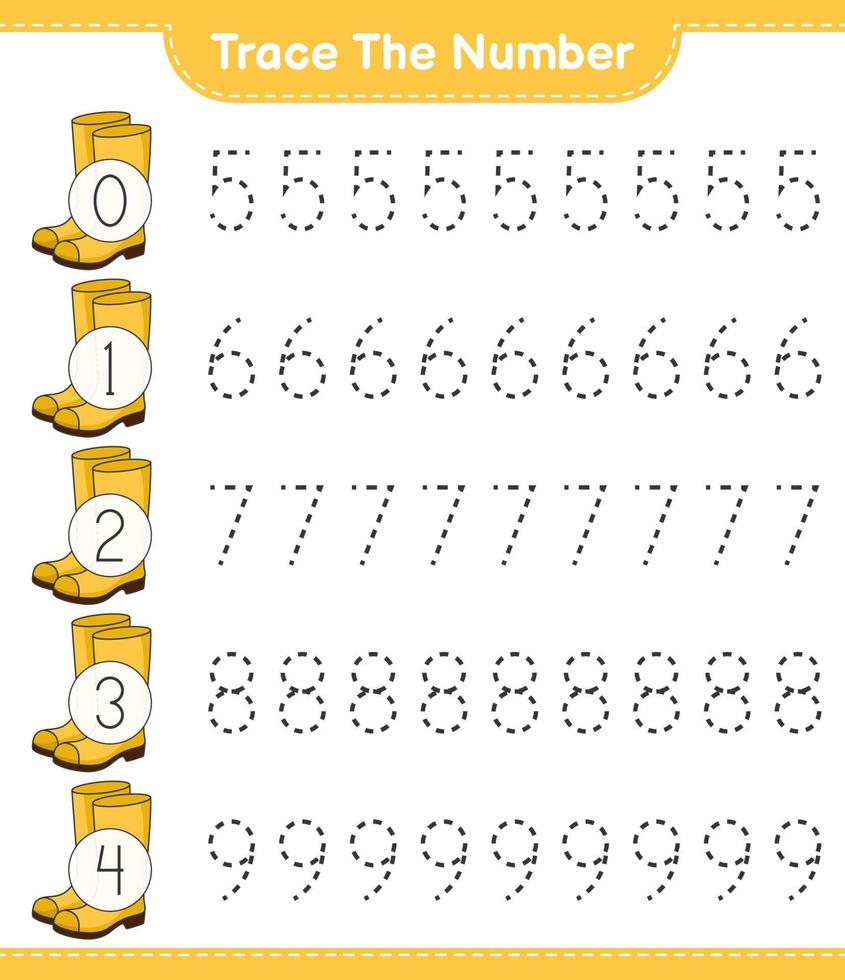 Trace the number. Tracing number with Rubber Boots. Educational children game, printable worksheet, vector illustration