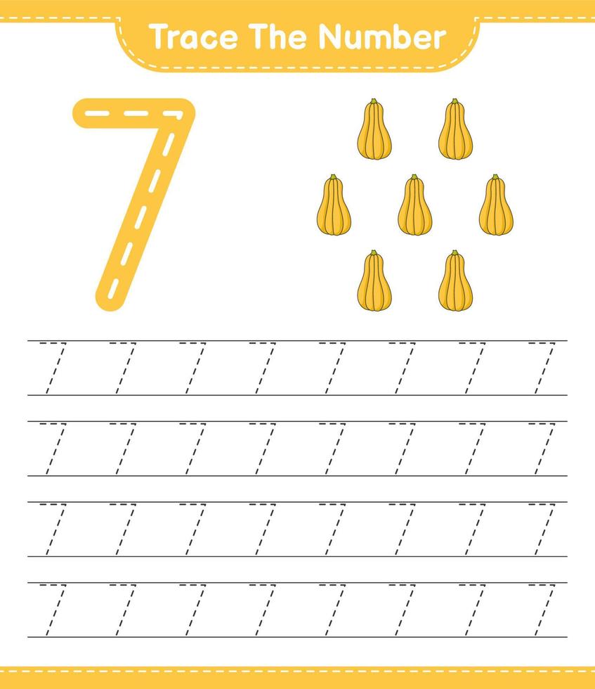 Trace the number. Tracing number with Butternut Squash. Educational children game, printable worksheet, vector illustration