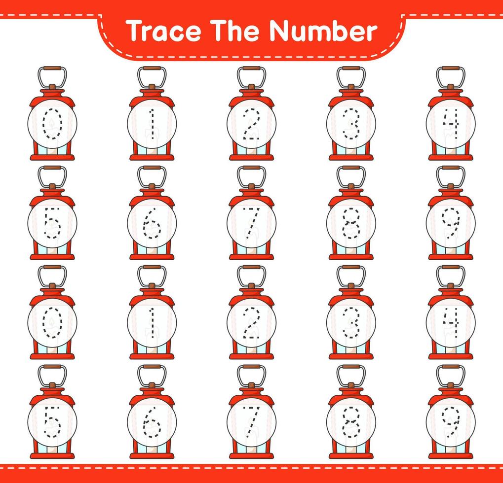 Trace the number. Tracing number with Lantern. Educational children game, printable worksheet, vector illustration
