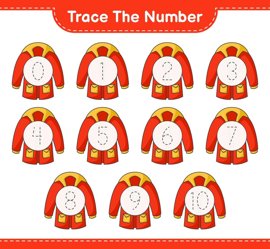 Trace the number. Tracing number with Warm Clothes. Educational children game, printable worksheet, vector illustration