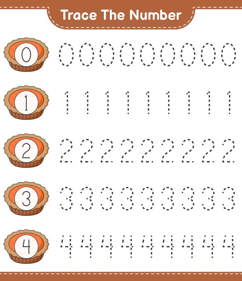 Trace the number. Tracing number with Pie. Educational children game, printable worksheet, vector illustration