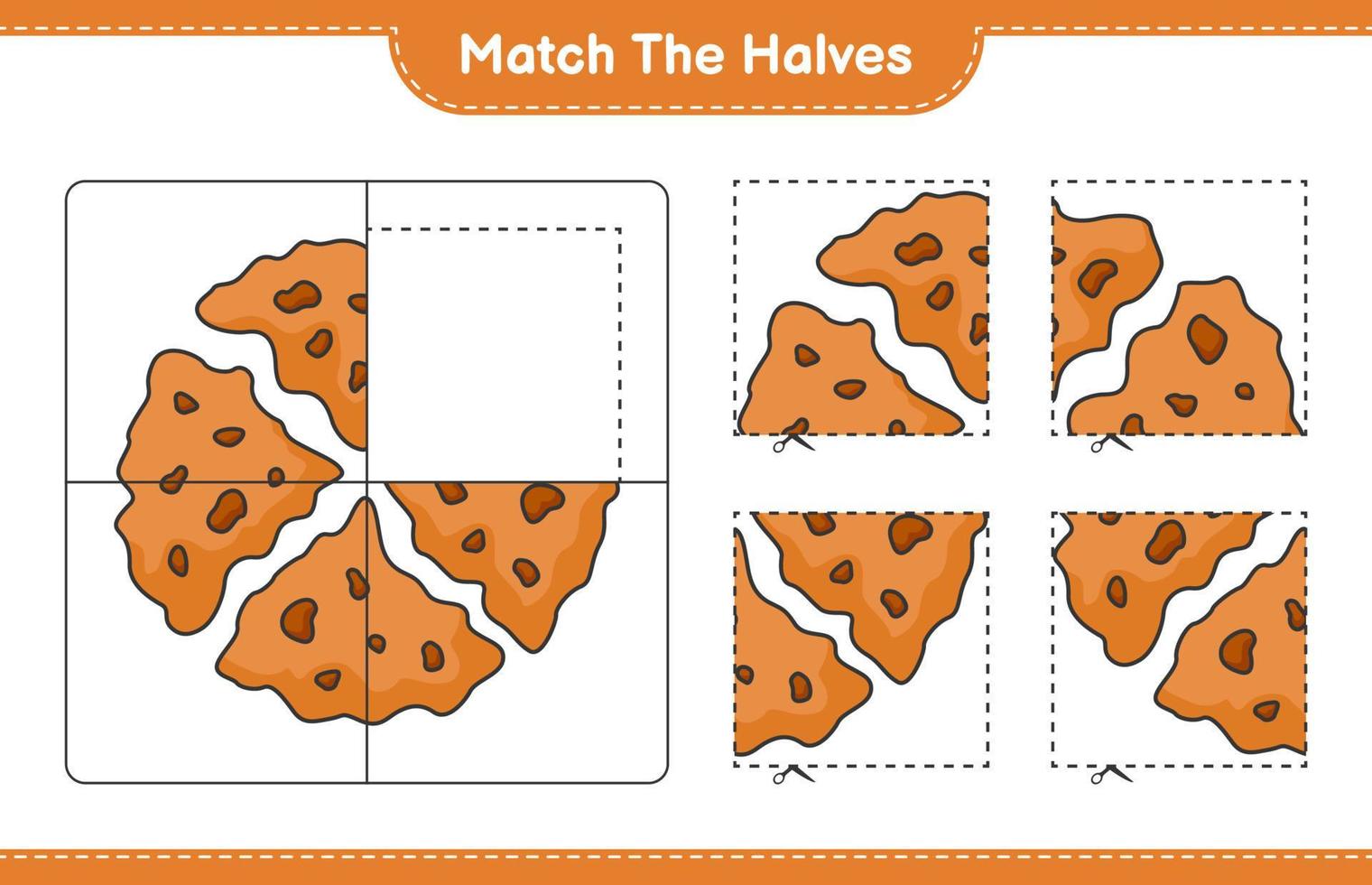 Empareja las mitades. emparejar las mitades de la galleta. juego educativo para niños, hoja de cálculo imprimible, ilustración vectorial vector