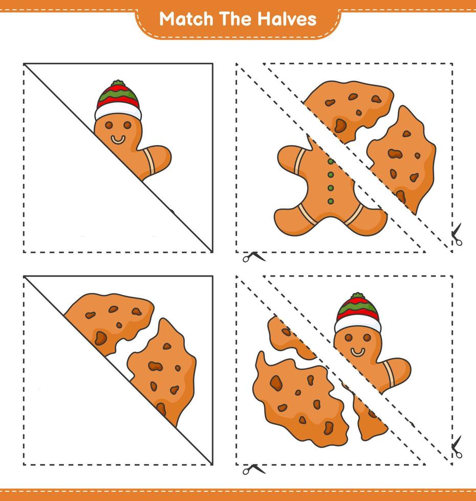 Match the halves. Match halves of Gingerbread Man and Cookies. Educational children game, printable worksheet, vector illustration