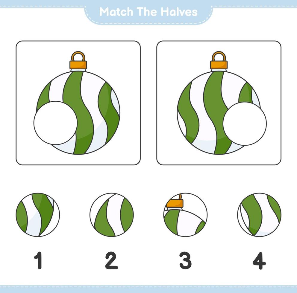 Empareja las mitades. combinar las mitades de la bola de navidad. juego educativo para niños, hoja de cálculo imprimible, ilustración vectorial vector