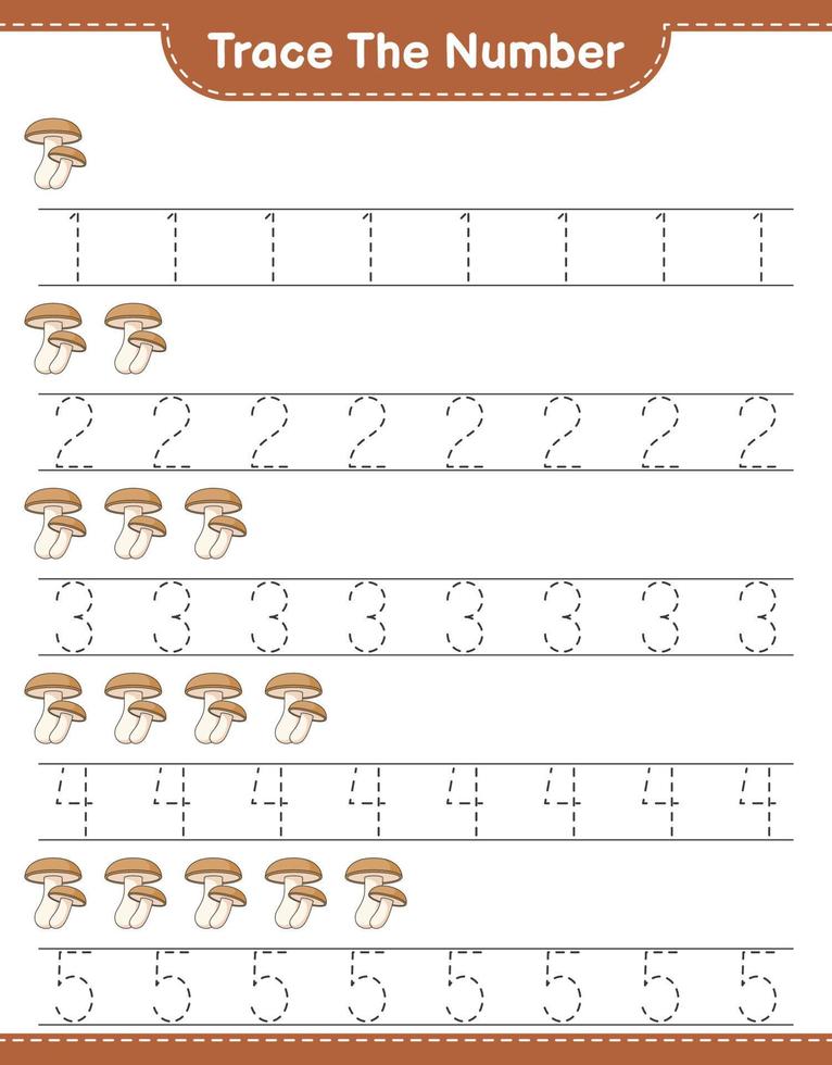 Trace the number. Tracing number with Shiitake. Educational children game, printable worksheet, vector illustration