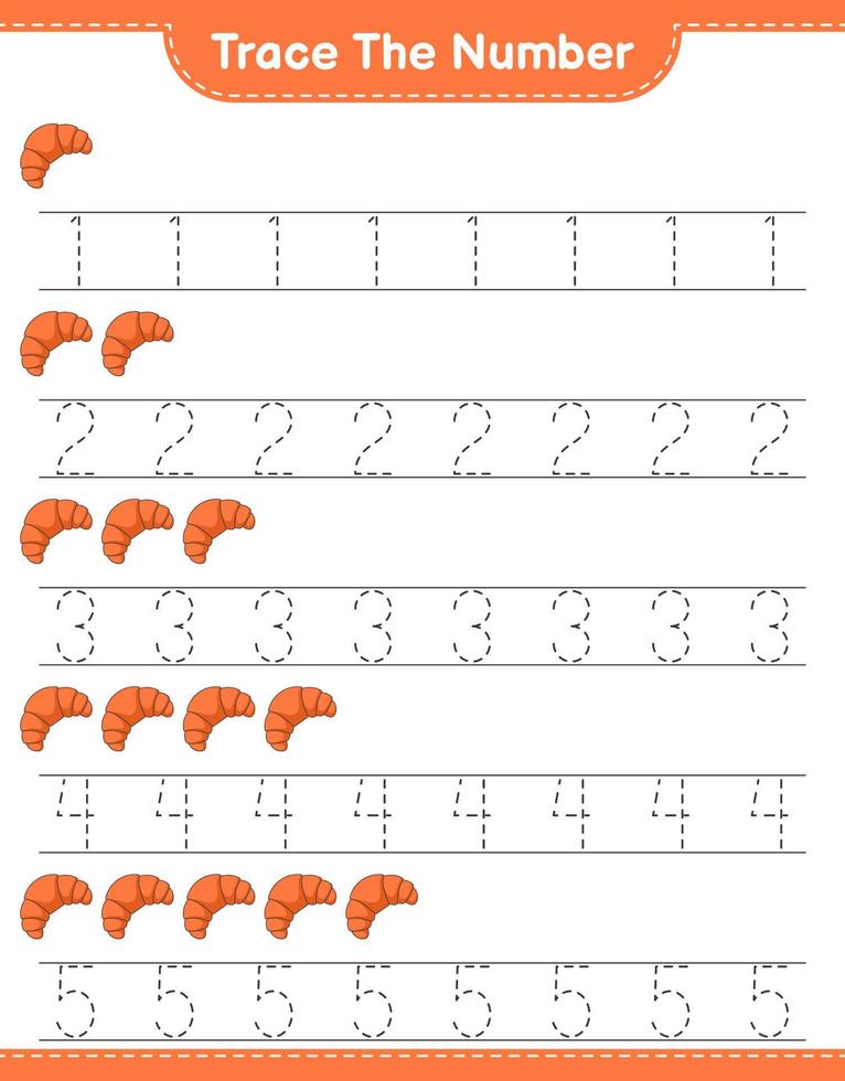 Trace the number. Tracing number with Croissant. Educational children game, printable worksheet, vector illustration