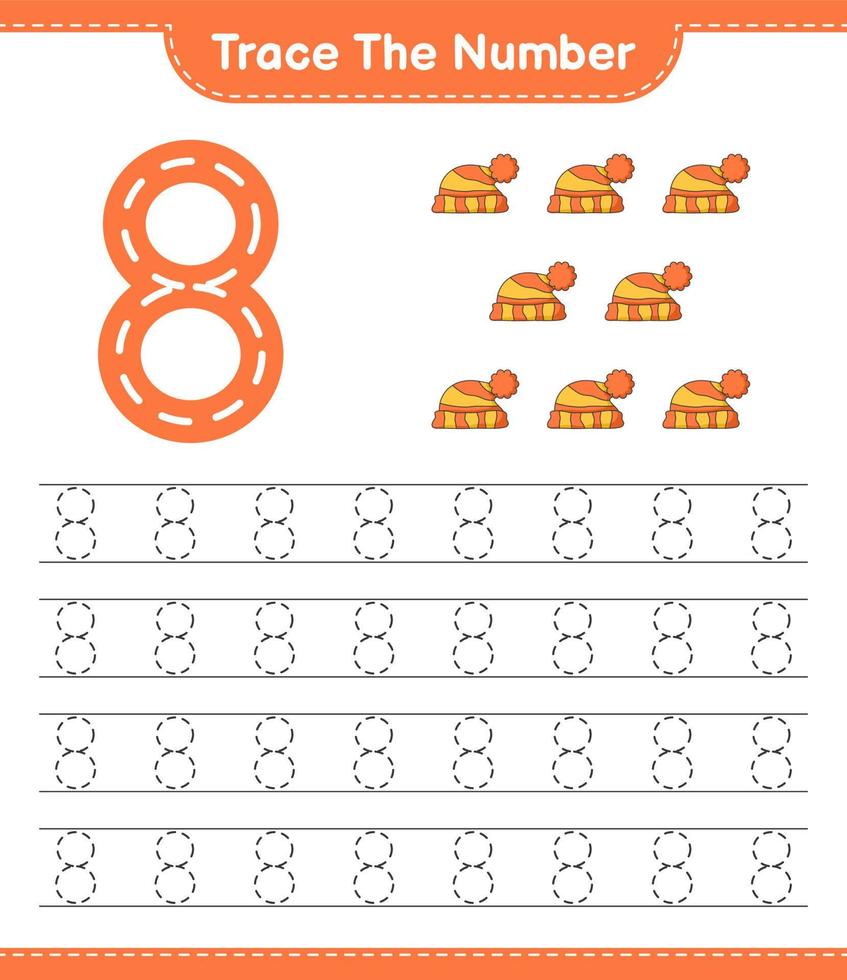 Trace the number. Tracing number with Hat. Educational children game, printable worksheet, vector illustration