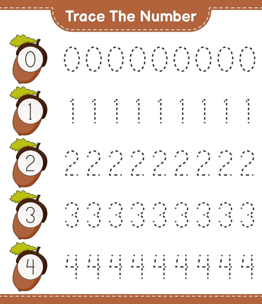 Trace the number. Tracing number with Acorn. Educational children game, printable worksheet, vector illustration