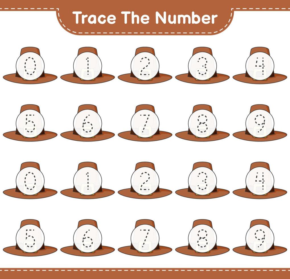 Trace the number. Tracing number with Hat. Educational children game, printable worksheet, vector illustration