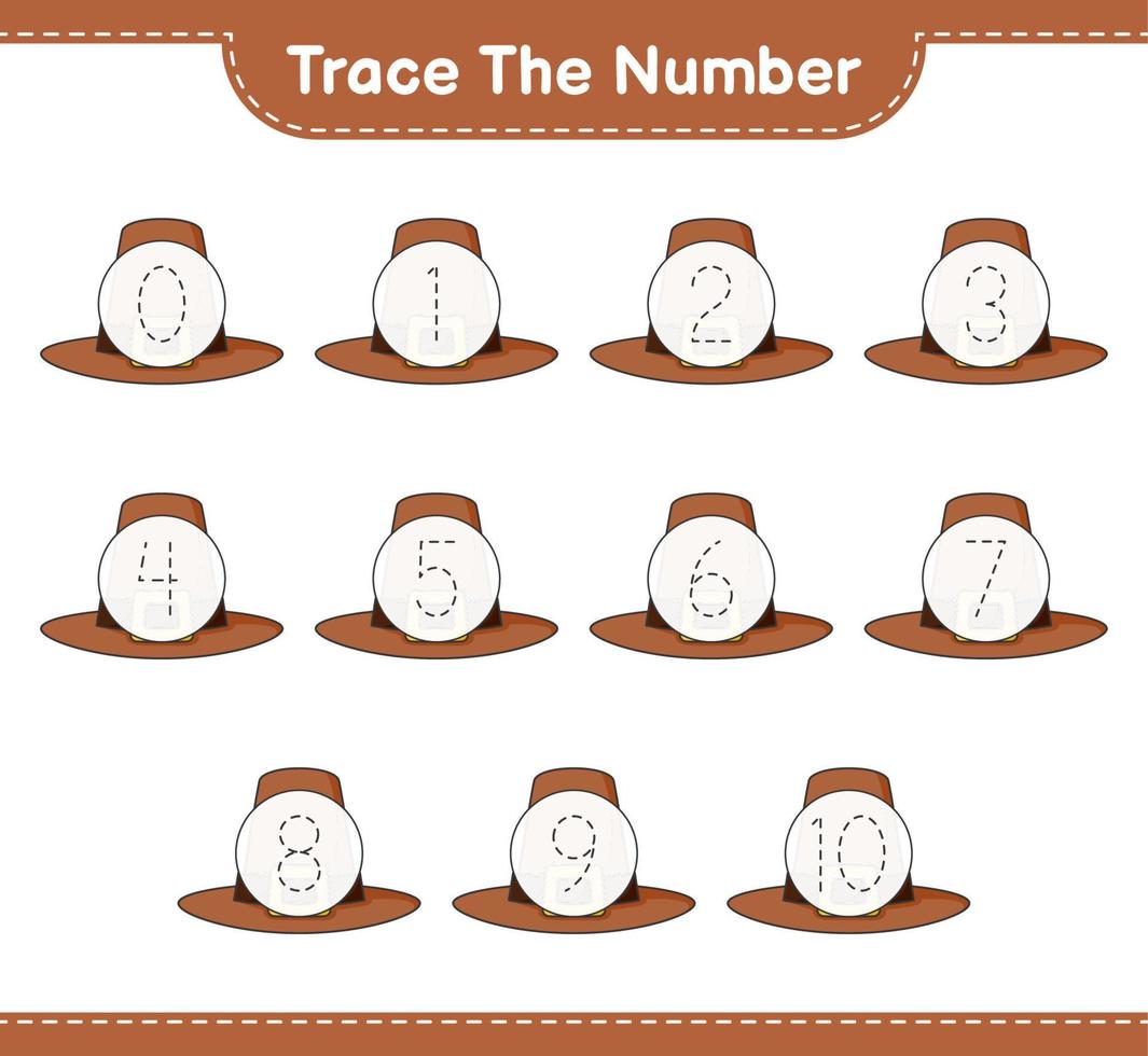 Trace the number. Tracing number with Hat. Educational children game, printable worksheet, vector illustration