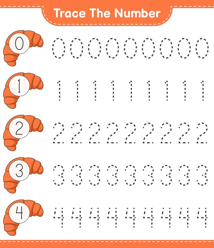 Trace the number. Tracing number with Croissant. Educational children game, printable worksheet, vector illustration