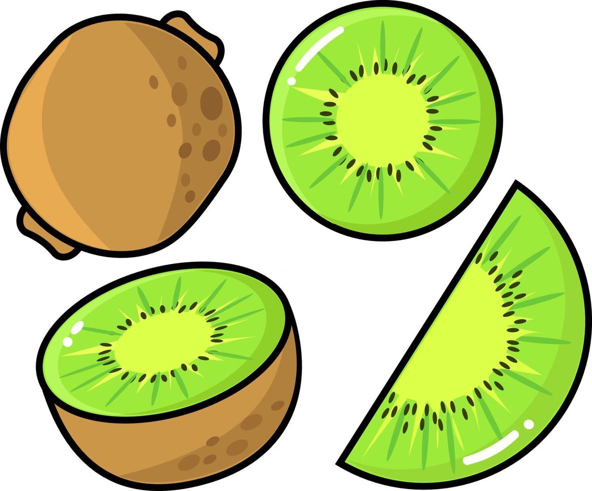 kiwi set icono ilustración gráfica vectorial, kiwi fresco, rebanada, una rebanada y media en fondo blanco, fruta tropical fresca en conjunto vector