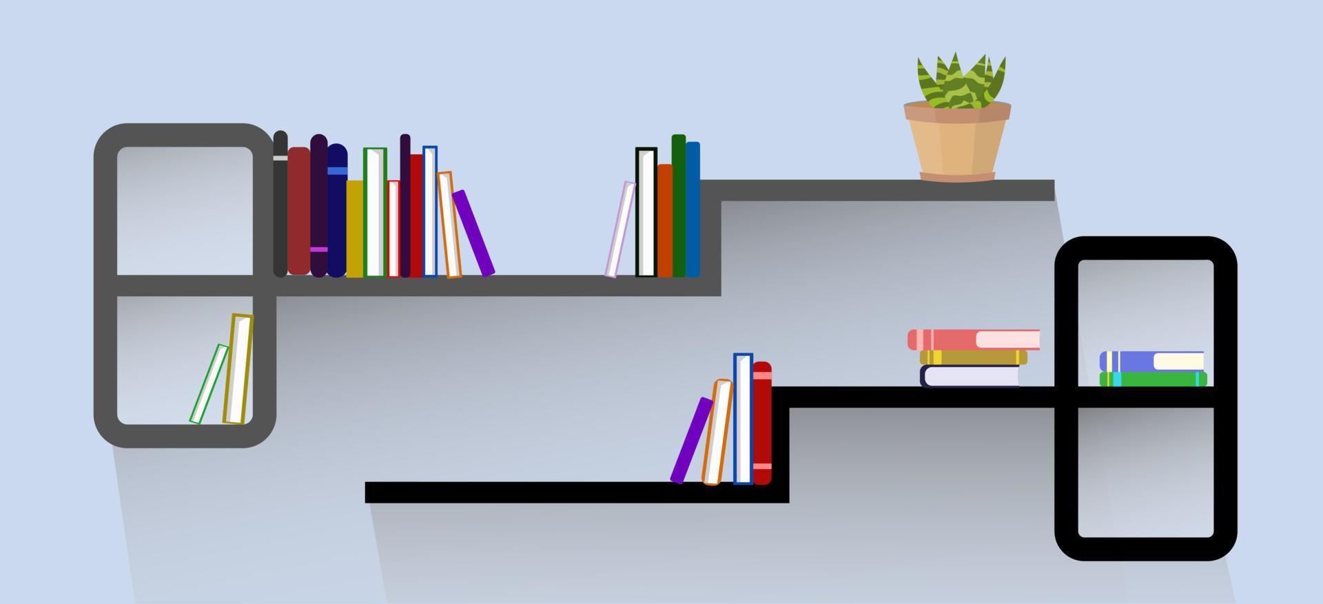 Book filled shelf vector graphic illustration, bookshelves design for living room, modern furniture illustration