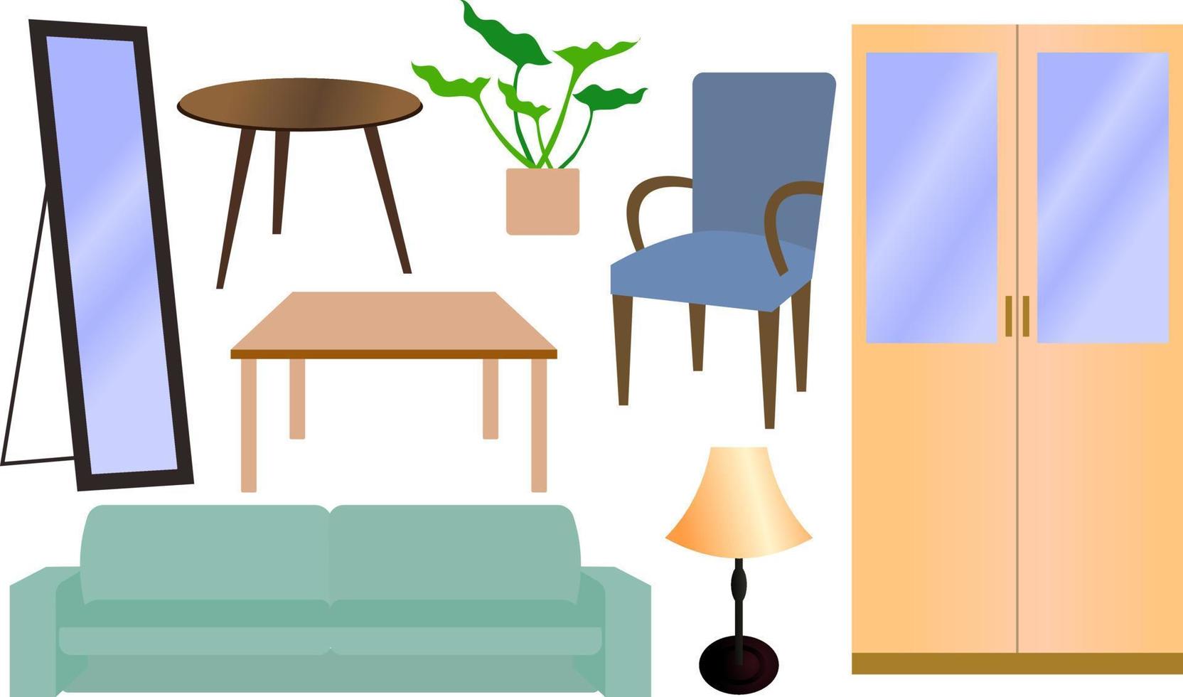 ilustración vectorial de diseño interior, conjunto de muebles, silla armario espejo cama mesa planta interior planta sofá lámpara vector