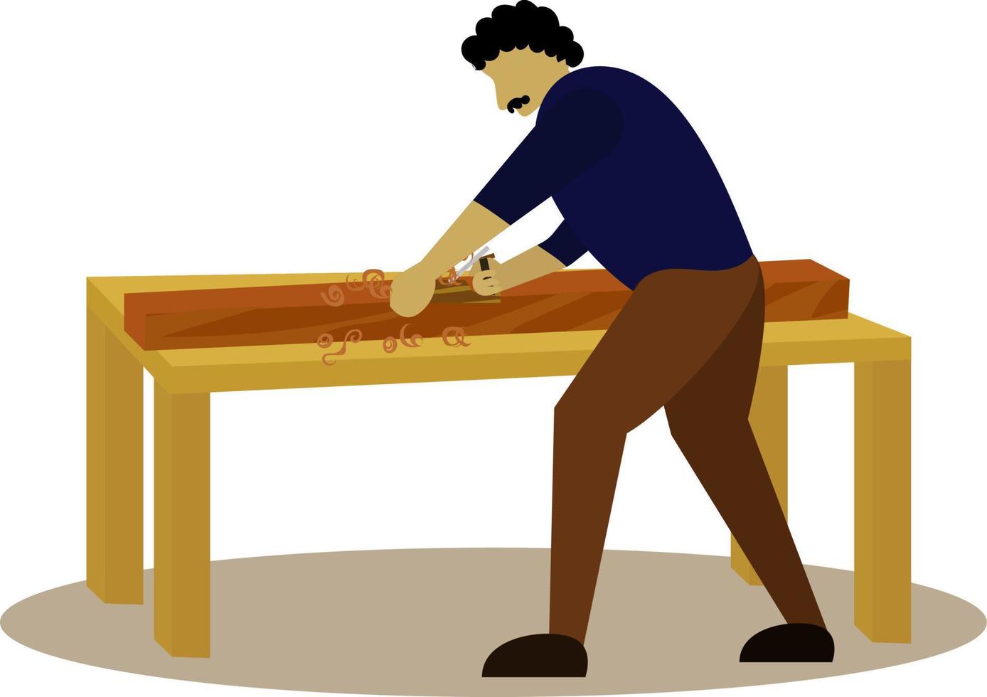 carpintero con cepilladora y virutas de madera, carpintero con madera para ilustración gráfica vectorial de muebles, icono plano, trabajo de carpintero de madera en taller vector