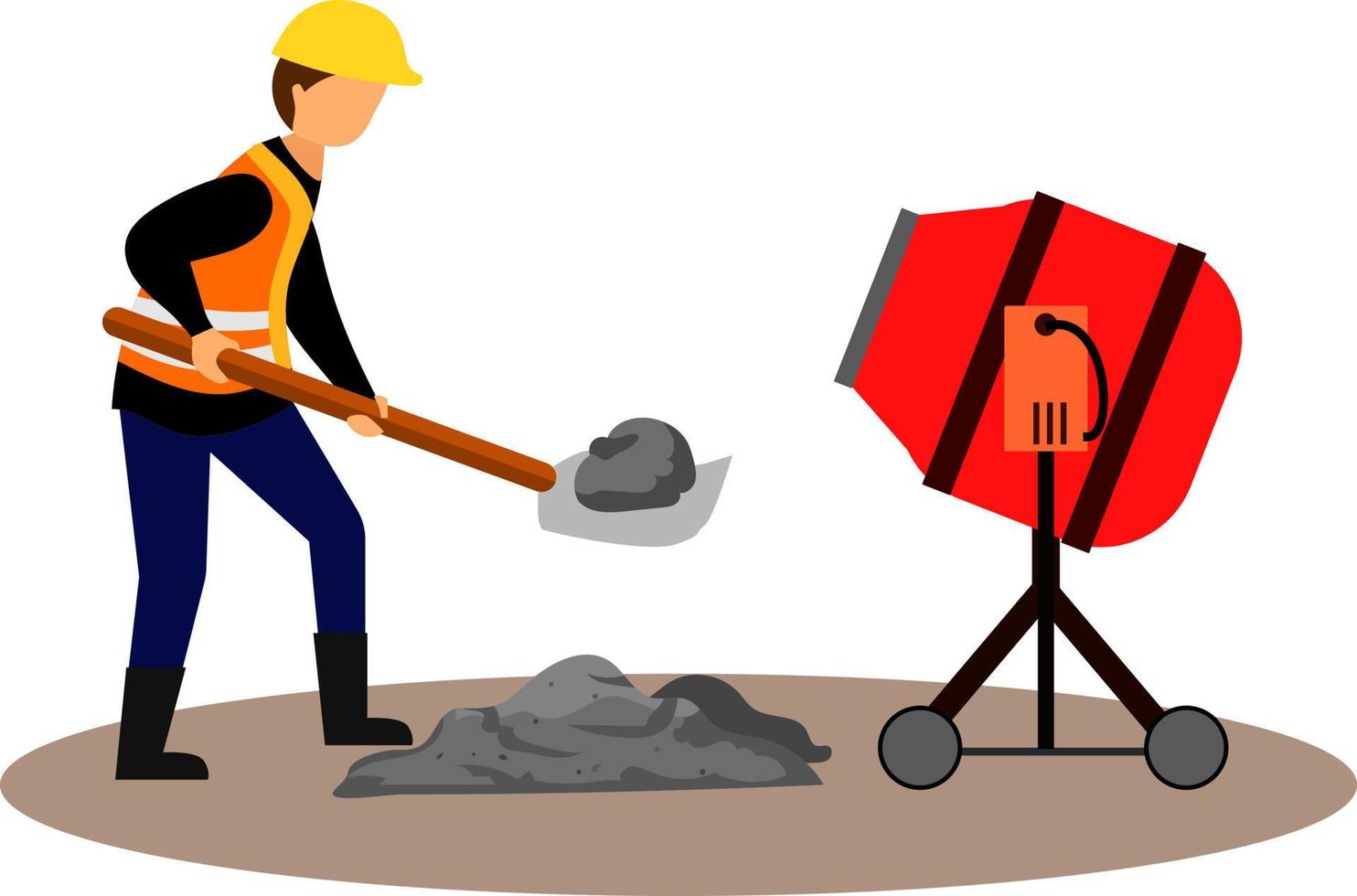 Construction And Heavy Labor And Cement Work Concept. Worker In Protective Uniform And Helmet Mixing Concrete With Mixer. Construction Worker At Work. Cartoon Linear Outline Flat Vector Illustration.