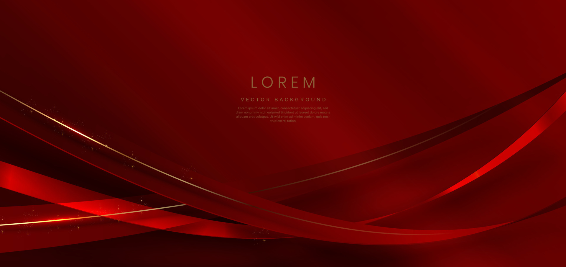 Abstract 3d gold curved red ribbon on red background with lighting