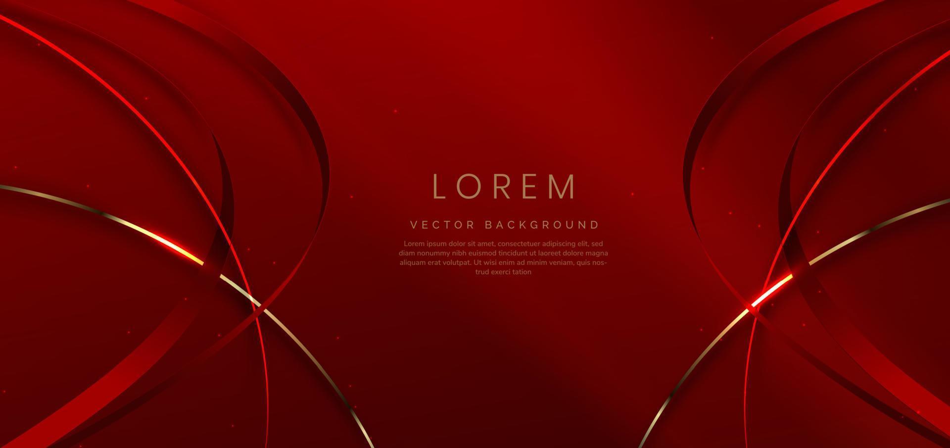 Abstract 3d gold curved red ribbon on red background with lighting effect and sparkle with copy space for text. Luxury design style. vector