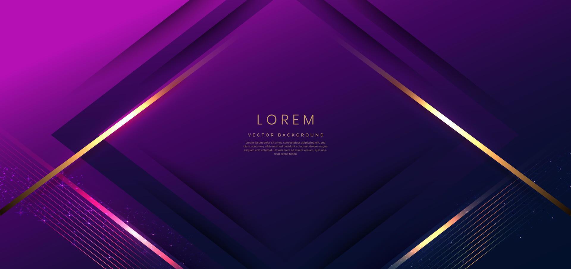 Template triangles purple and dark blue geometric with golden line layer and lighting effect sparkle on dark blue background. Luxury style. vector