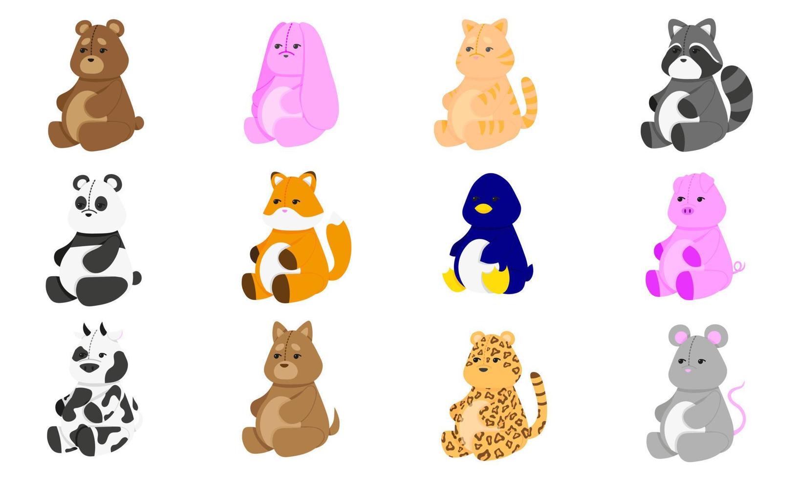 un conjunto de 12 lindos juguetes de animales suaves. conejo de peluche, oso, gato, mapache, panda, zorro, pingüino, cerdo, vaca, perro, leopardo y ratón. ilustración vectorial plana. vector