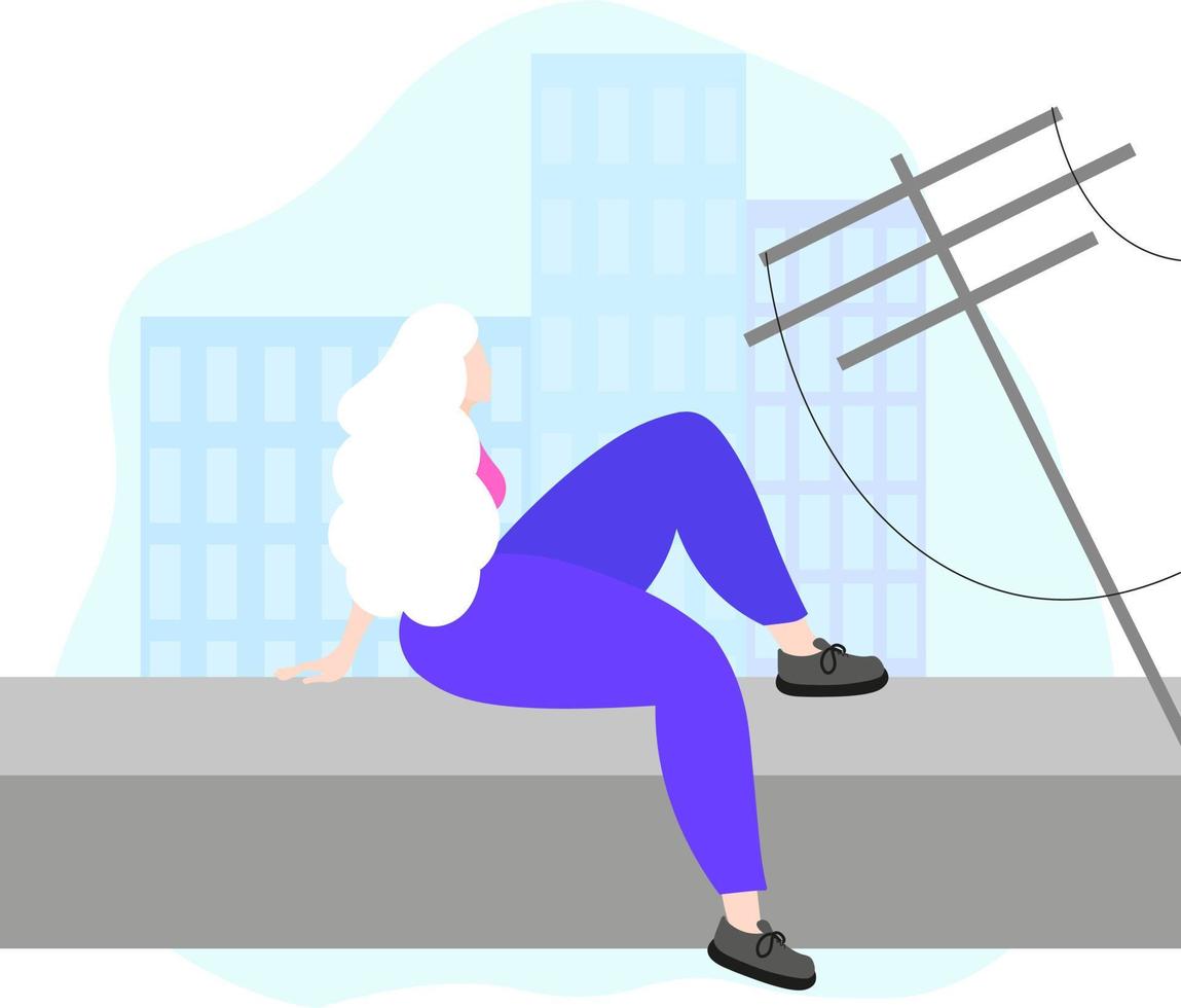 A girl with white hair is sitting on the roof. Flat vector illustration.