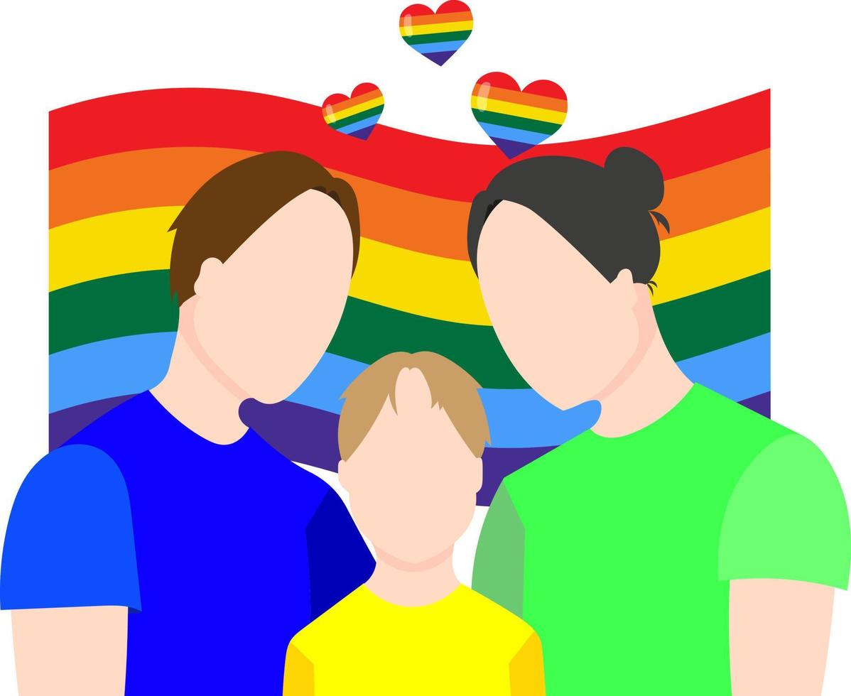 familia gay en el fondo de la bandera lgbt. ilustración vectorial plana vector