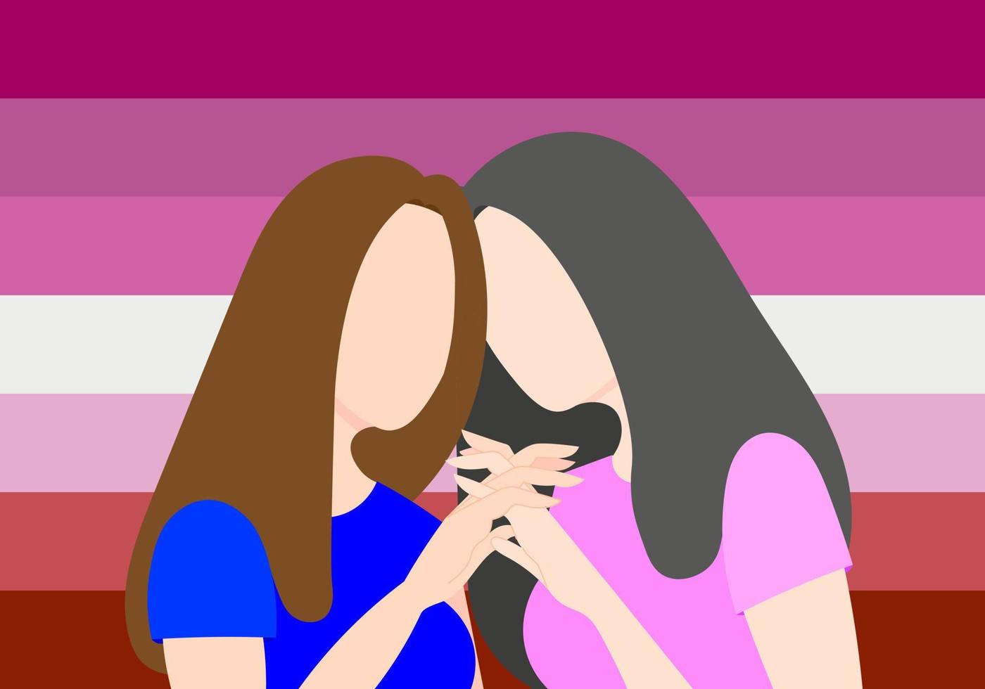 A lesbian couple in love holding hands on the background of a lesbian flag. Flat vector illustration.