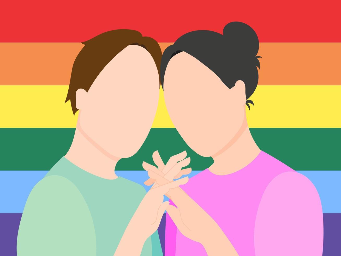 A gay couple in love holding hands against the background of an LGBT flag. Flat vector illustration.