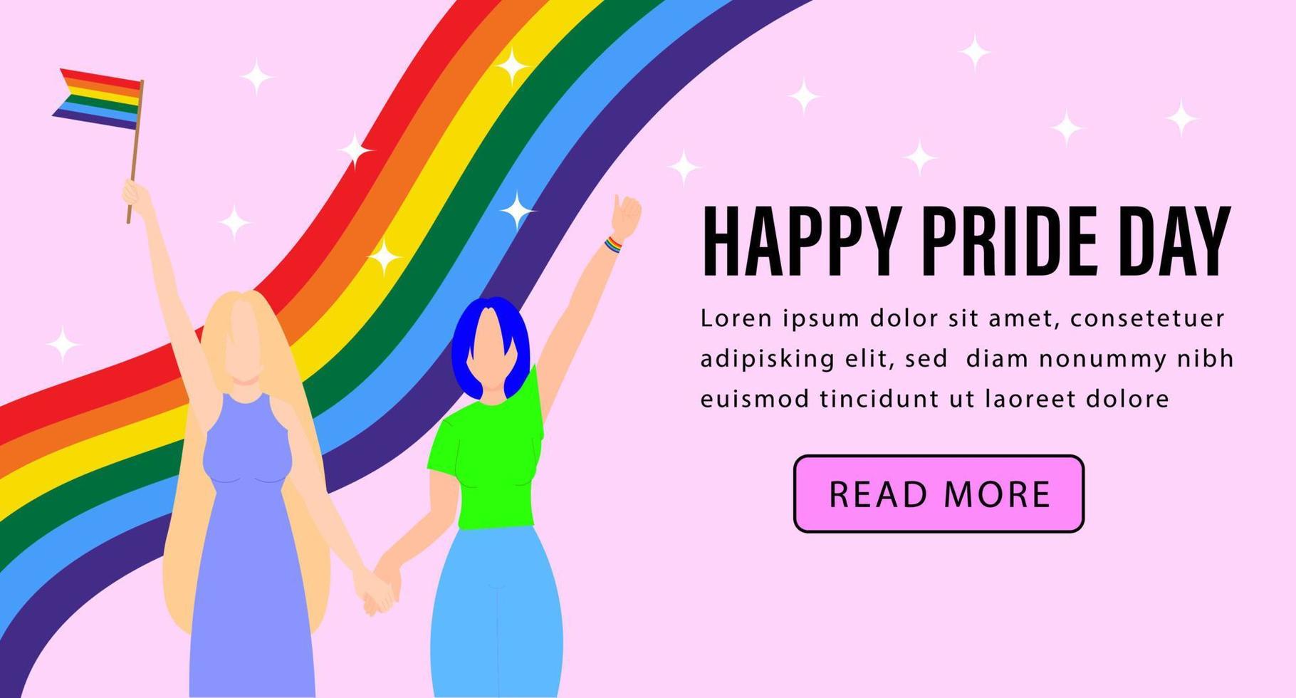 Lesbian couple holding hands. Gay pride parade. Lesbians participate in LGBT pride. Vector illustration in a flat style. LGBTQ banner template on pink background.