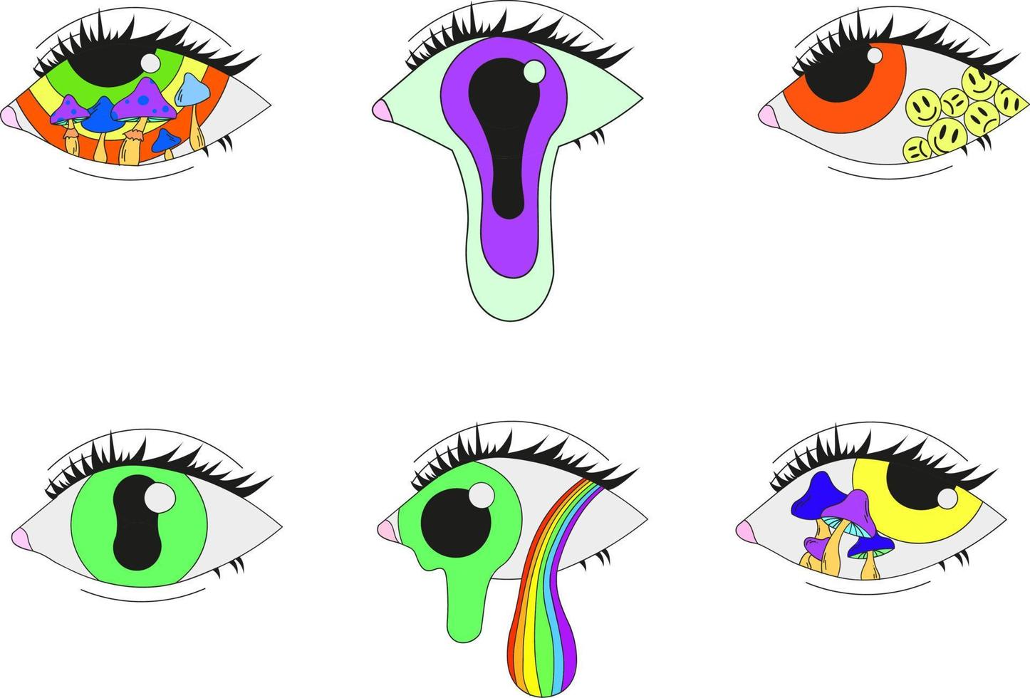 un conjunto de seis ojos psicodélicos. ilustración vectorial aislada en un fondo blanco. vector