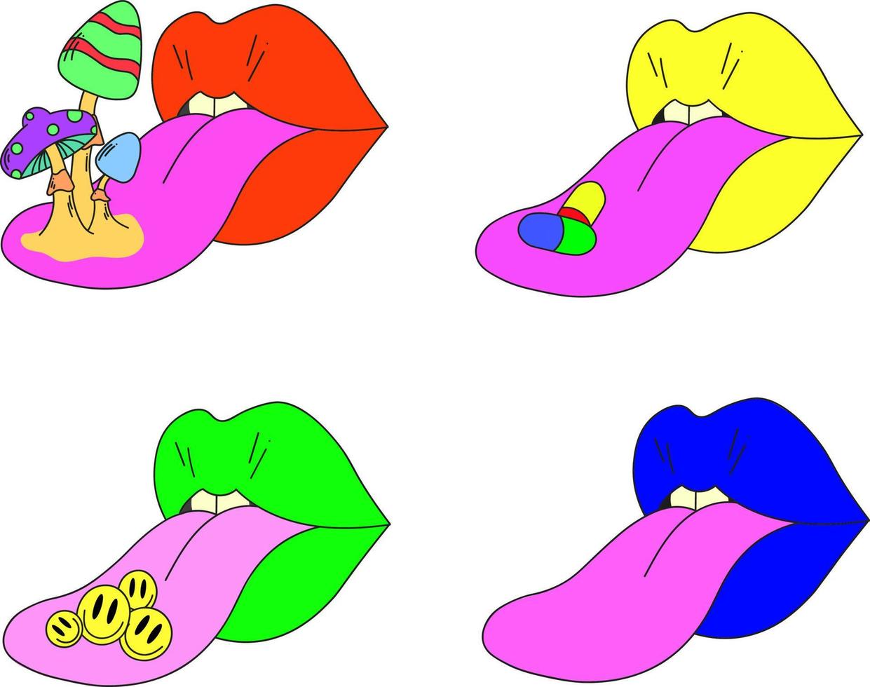 un conjunto de cuatro labios psicodélicos. labios con lengua protuberante, hongos, emoticonos y pastillas en la lengua. surrealismo. vector