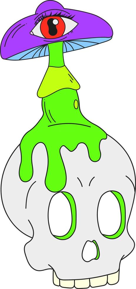 A psychedelic skull with psychedelic mushrooms on its head. A mushroom with a red eye. Surrealism vector