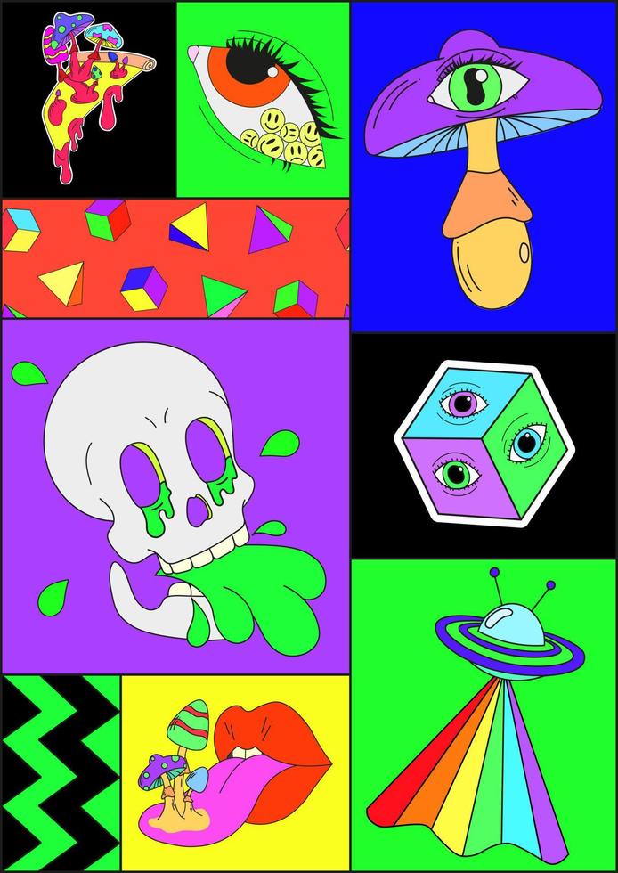 A psychedelic poster with a pizza with mushrooms growing out of it, an eye with an emoji inside, a crazy mushroom with an eye in a hat, a skull spitting acid, a ufo. Crazy concept. Surrealism vector