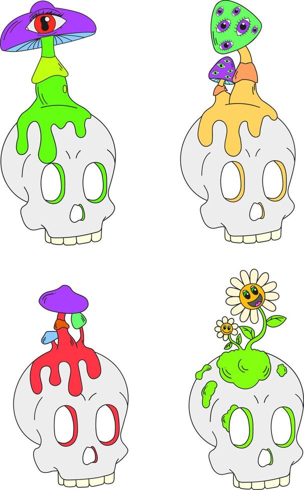 un conjunto de cuatro calaveras psicodélicas con setas y flores encima. ilustración vectorial aislada en un fondo blanco vector