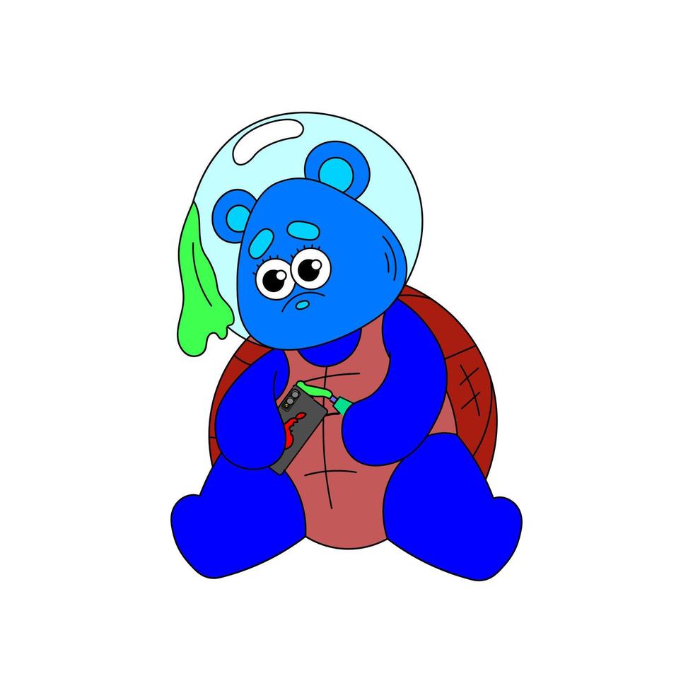 A cute psychedelic bear with a turtle shell squeezes toothpaste onto the phone. Flat vector illustration. Surrealism