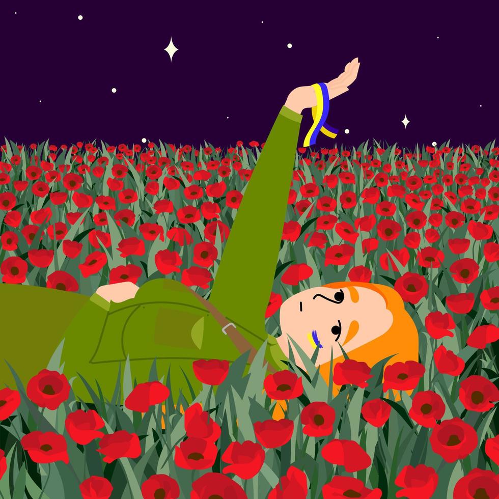 una chica con uniforme militar, yace en un campo de amapolas por la noche, levantando la mano, una cinta con la bandera de ucrania en el brazo. apoyar a ucrania. ilustración vectorial plana. vector