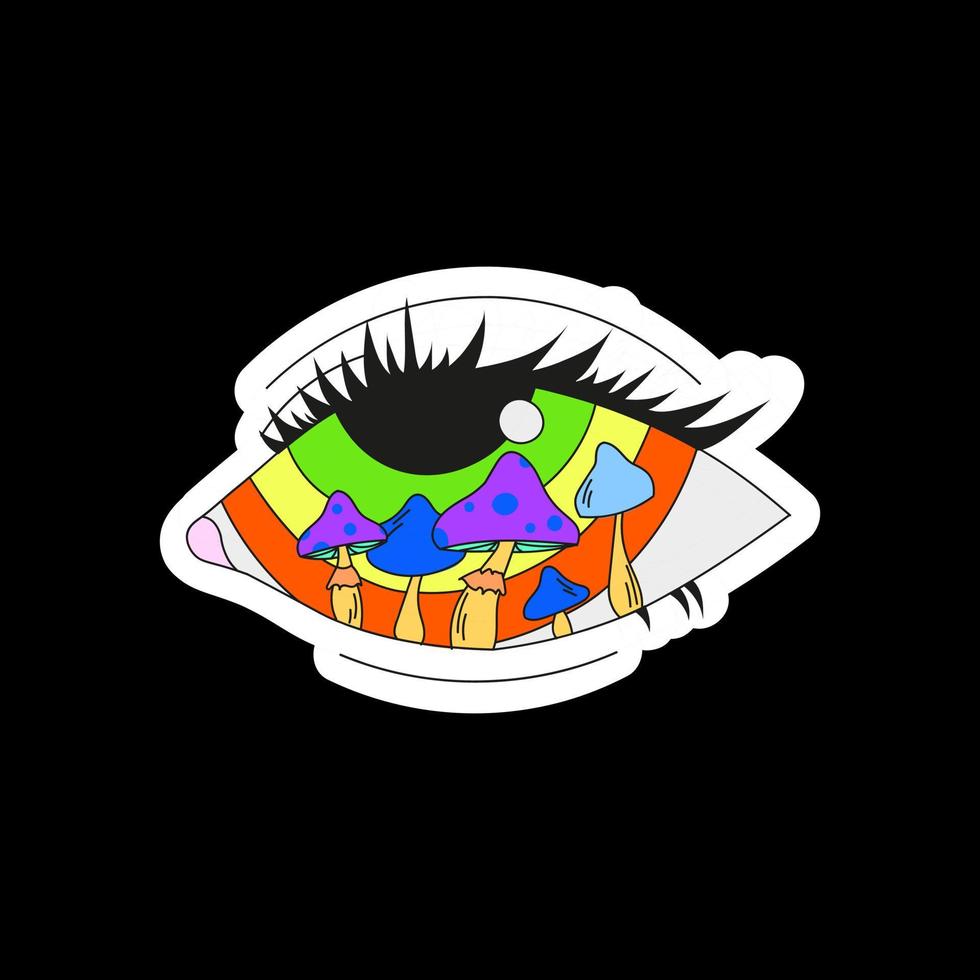 A psychedelic eye with mushrooms inside. Vector illustration isolated on a white background.