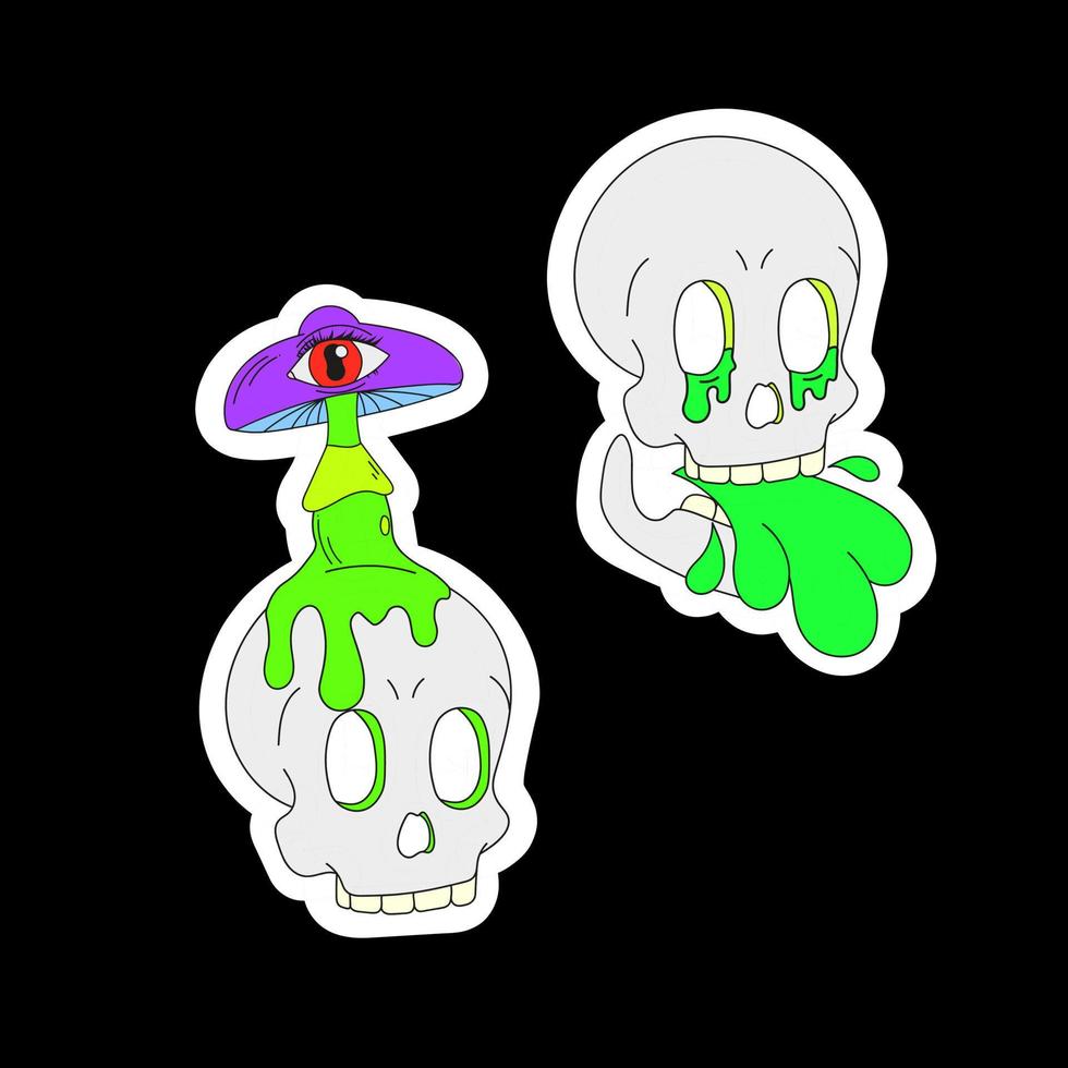 A set of two psychedelic skulls with mushroom and acid. Surrealism vector