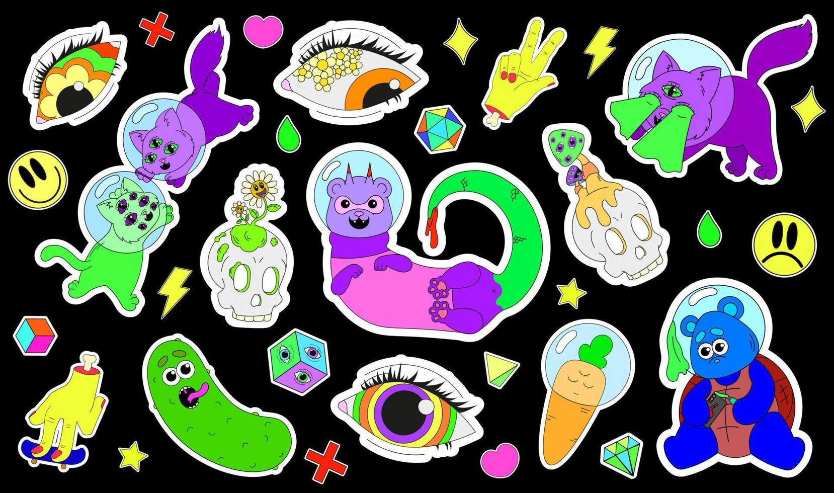 A set of psychedelic stickers with space animals in helmets, psychedelic skulls and eyes, hands with protruding bones and strange vegetables. Surrealism vector